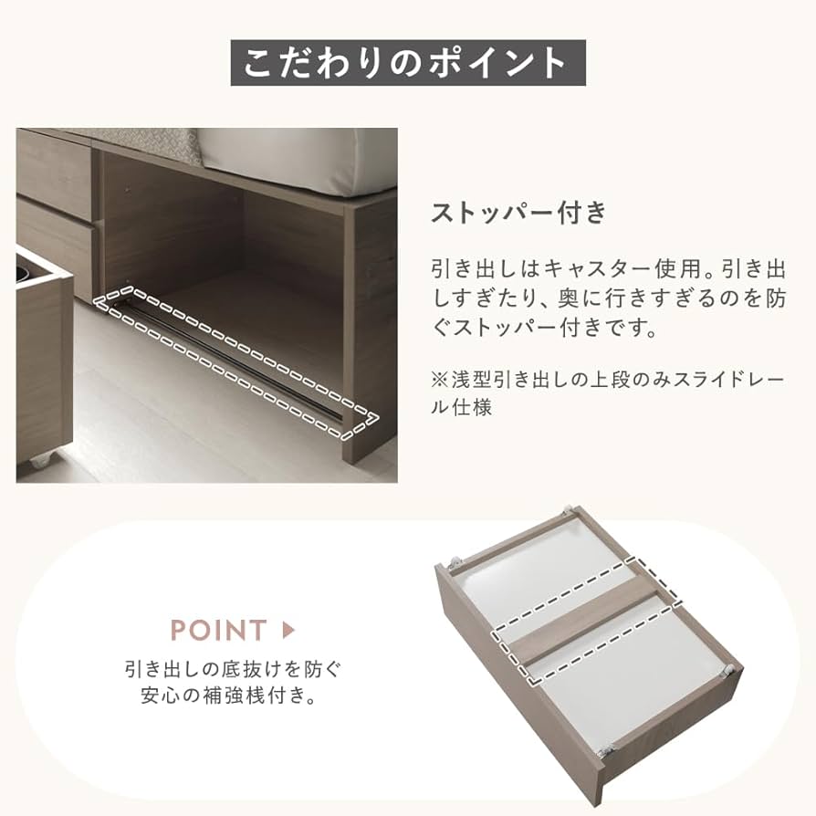 引き出し4杯大容量ベッドSD 宮付き『Slektia スレクティア』 グレージュ 引き出し4杯大容量ベッド 宮付きタイプ『Slektia スレクティア